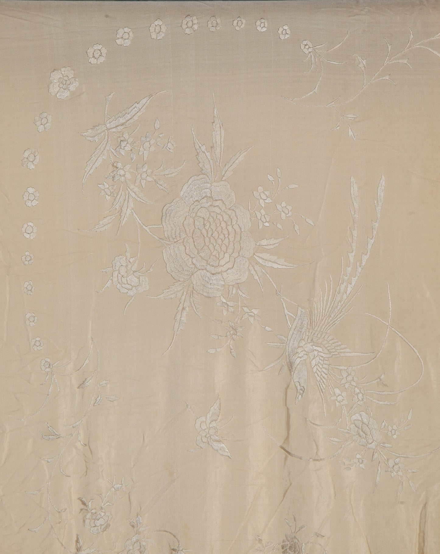 Early 20th Century Ivory Silk Shawl with Peonies & Perching Birds (London)