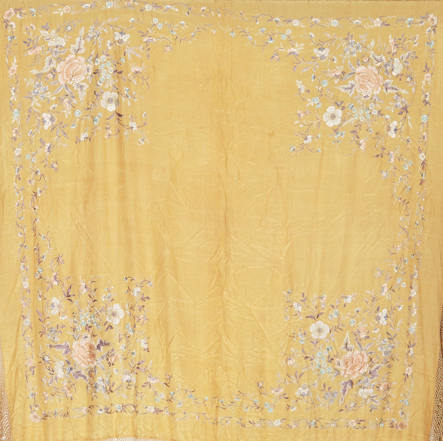 Early 20th Century Golden Ochre Silk Shawl with Pastel Embroidered Blooms (London)